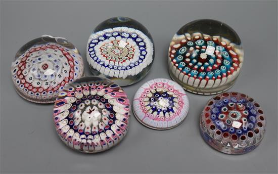 Six English millefiori glass paperweights, probably Stourbridge C.1860-1900